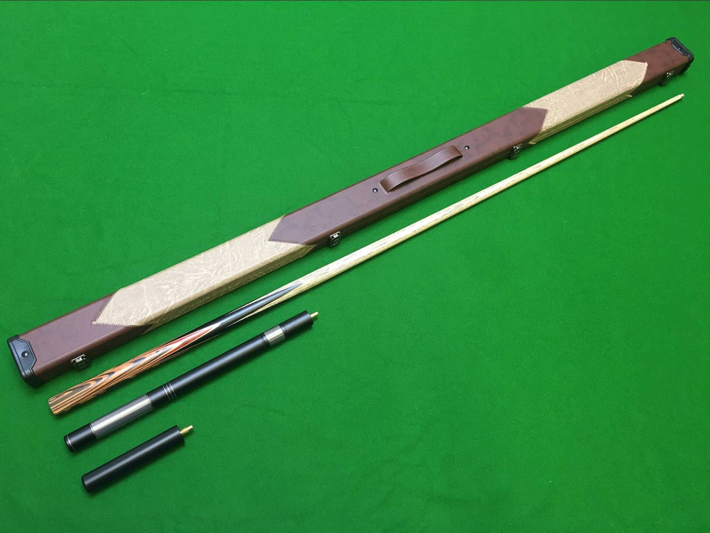ONE PIECE ASH SHAFT BLACK EBONY HANDMADE SNOOKER CUE SET WITH CASE AND EXTENSIONS WDC