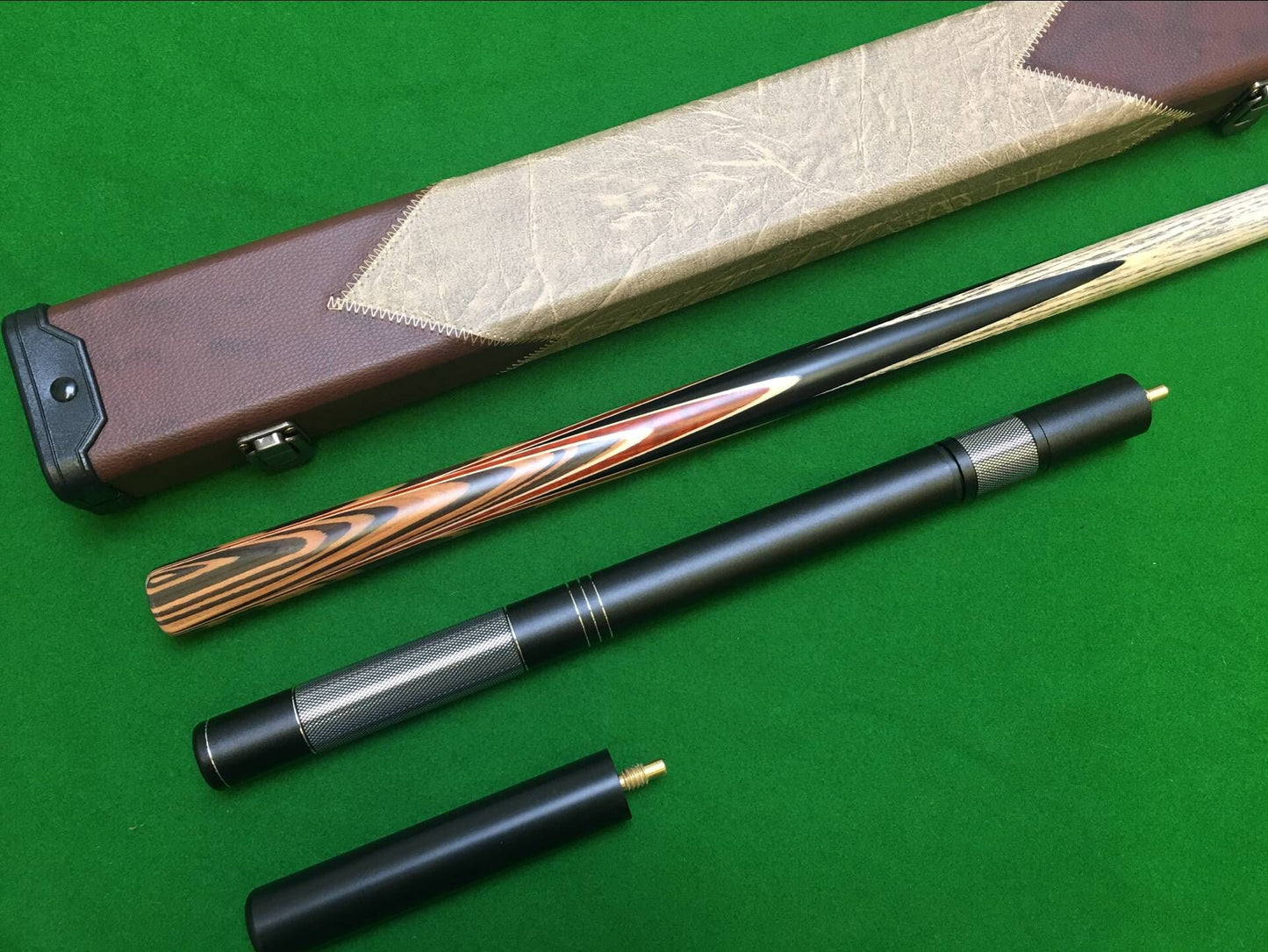 ONE PIECE ASH SHAFT BLACK EBONY HANDMADE SNOOKER CUE SET WITH CASE AND EXTENSIONS WDC