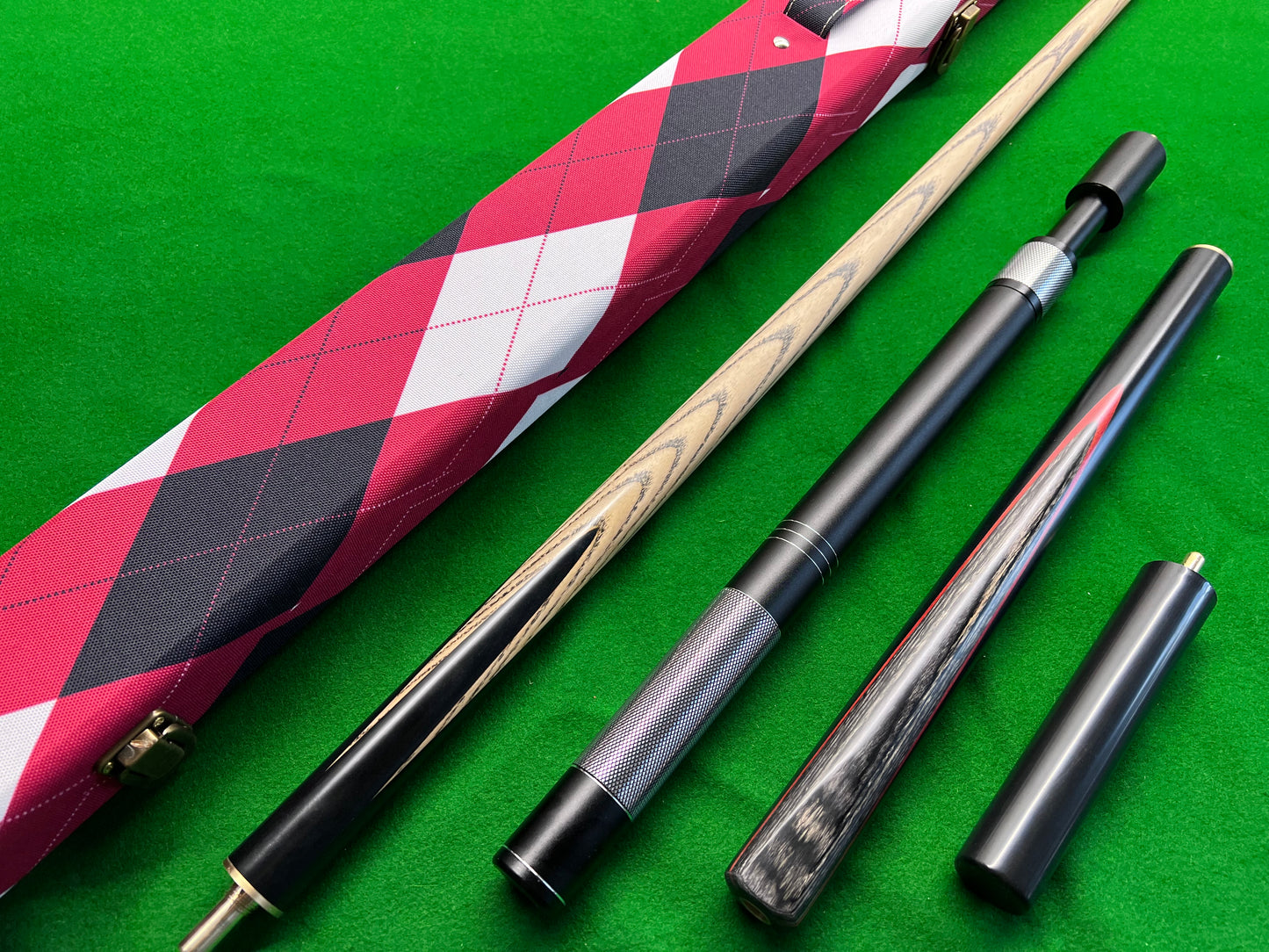 HANDMADE EBONY 3/4 JOINTED SNOOKER CUE 8.5MM TIP WD31 COMPLETE SET WITH CASE AND TELESCOPIC EXTENSION