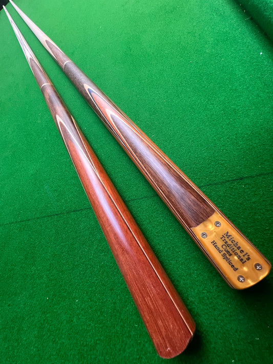 2x Pre Owned 3/4 Snooker Cues ash and Maple shaft, 8.5mm and 9.5mm tip