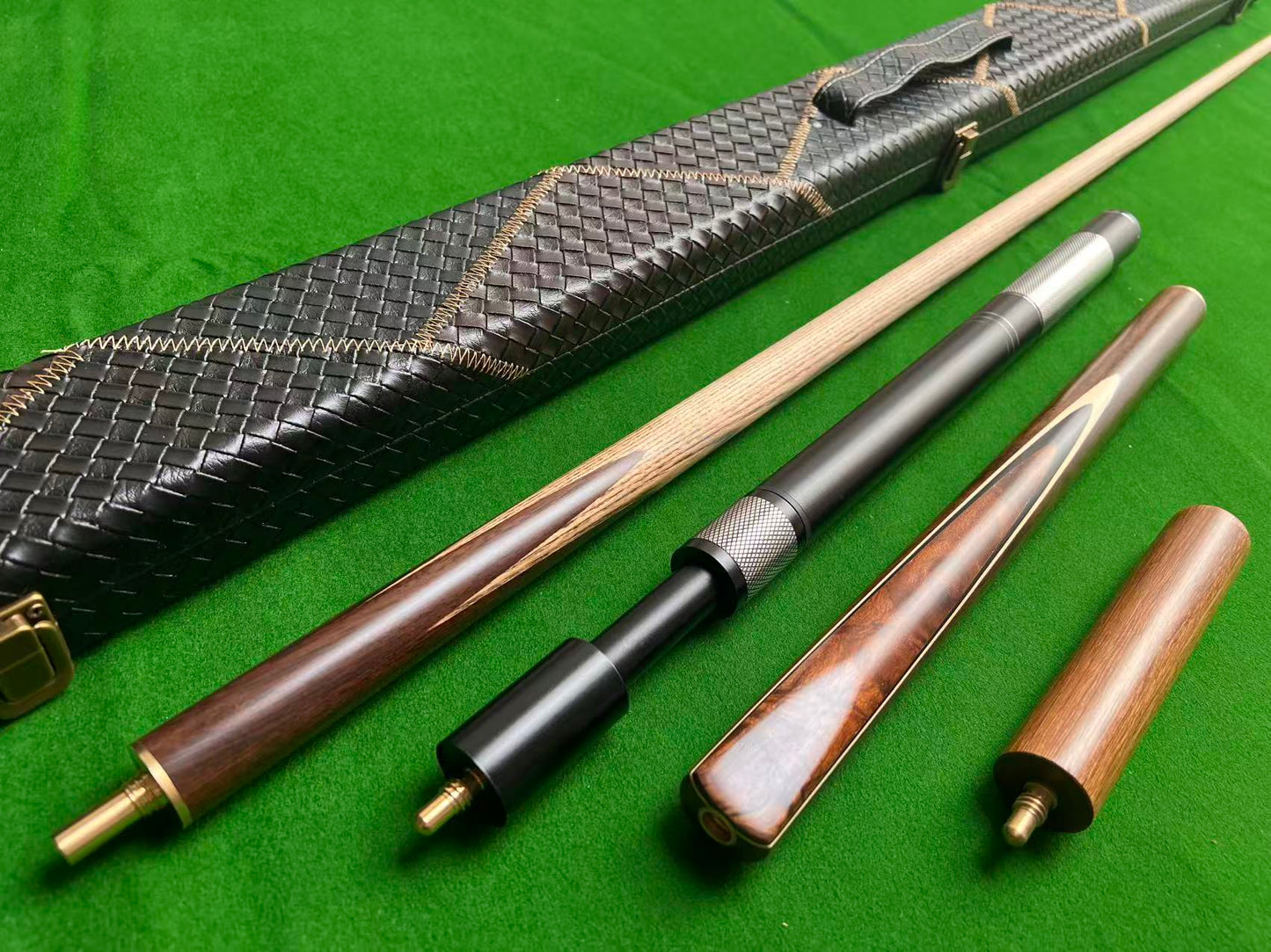 Handmade 3/4 Burl wood snooker cue full set with case & extensions w5