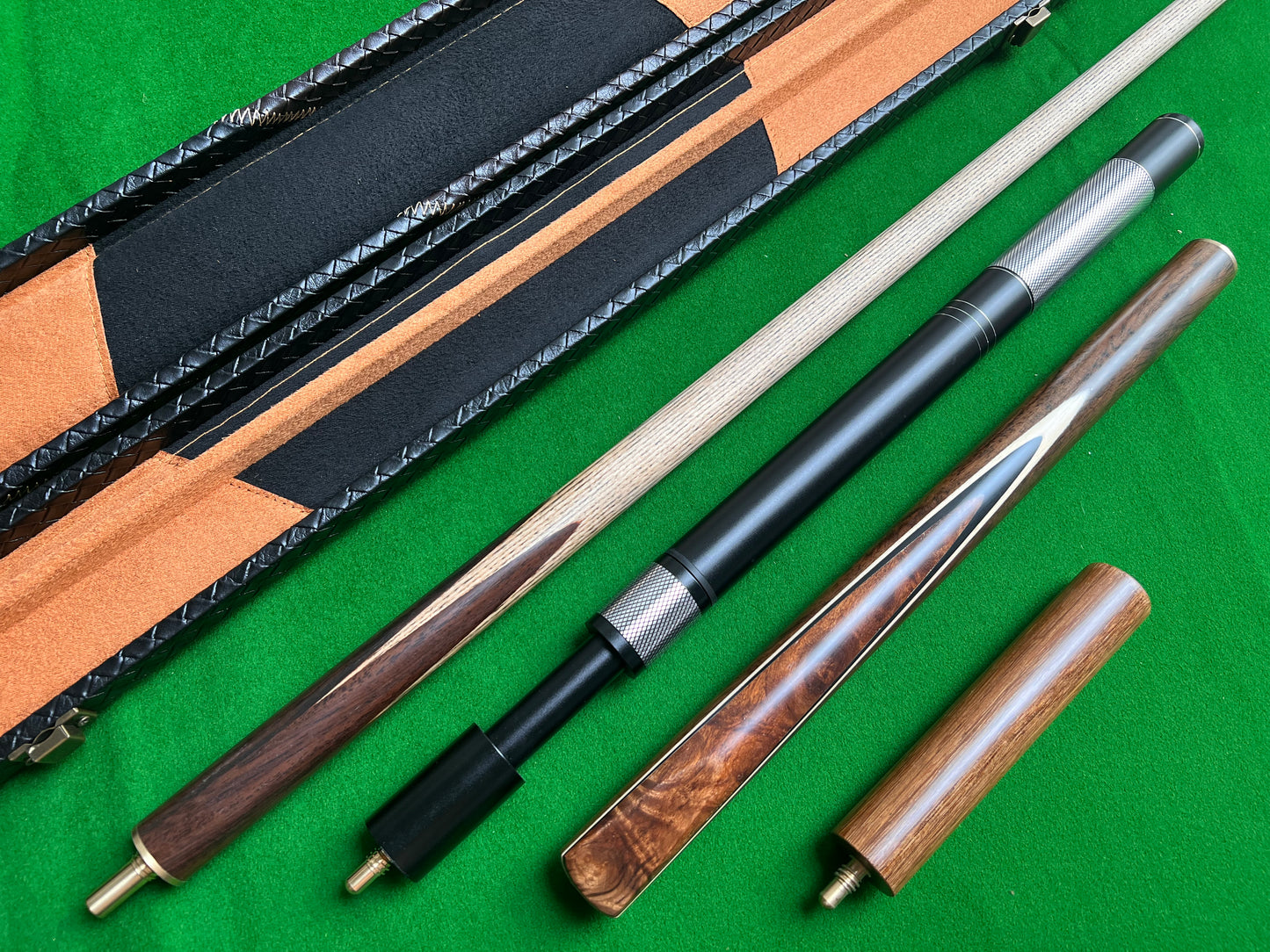 Handmade 3/4 Burl wood snooker cue full set with case & extensions w5